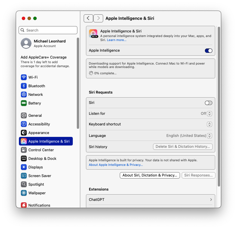MacOS Settings application showing Apple Intelligence toggle enabled