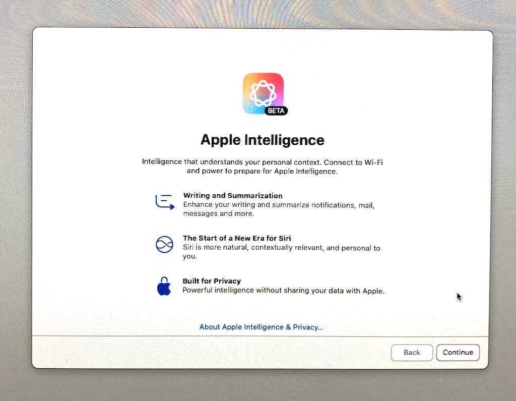 MacOS 15.3.2 startup showing Apple Intelligence BETA dialog